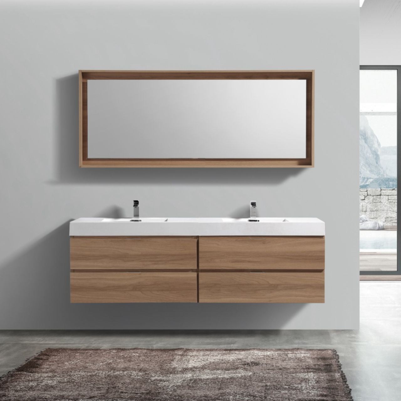 Bliss 72″ Inch Honey Oak Wall Mount Double Sink Modern Bathroom Vanity