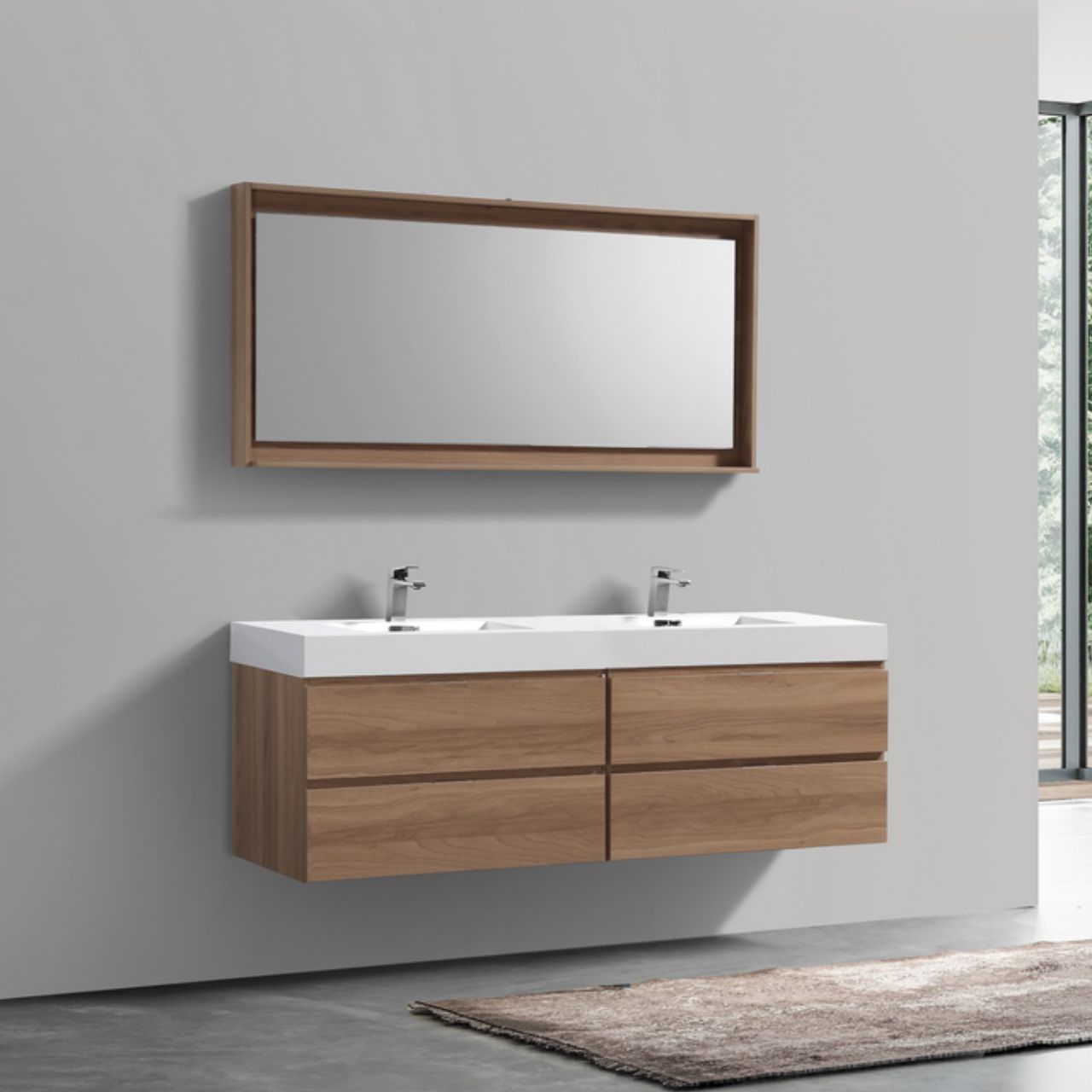 Bliss 72″ Inch Honey Oak Wall Mount Double Sink Modern Bathroom Vanity