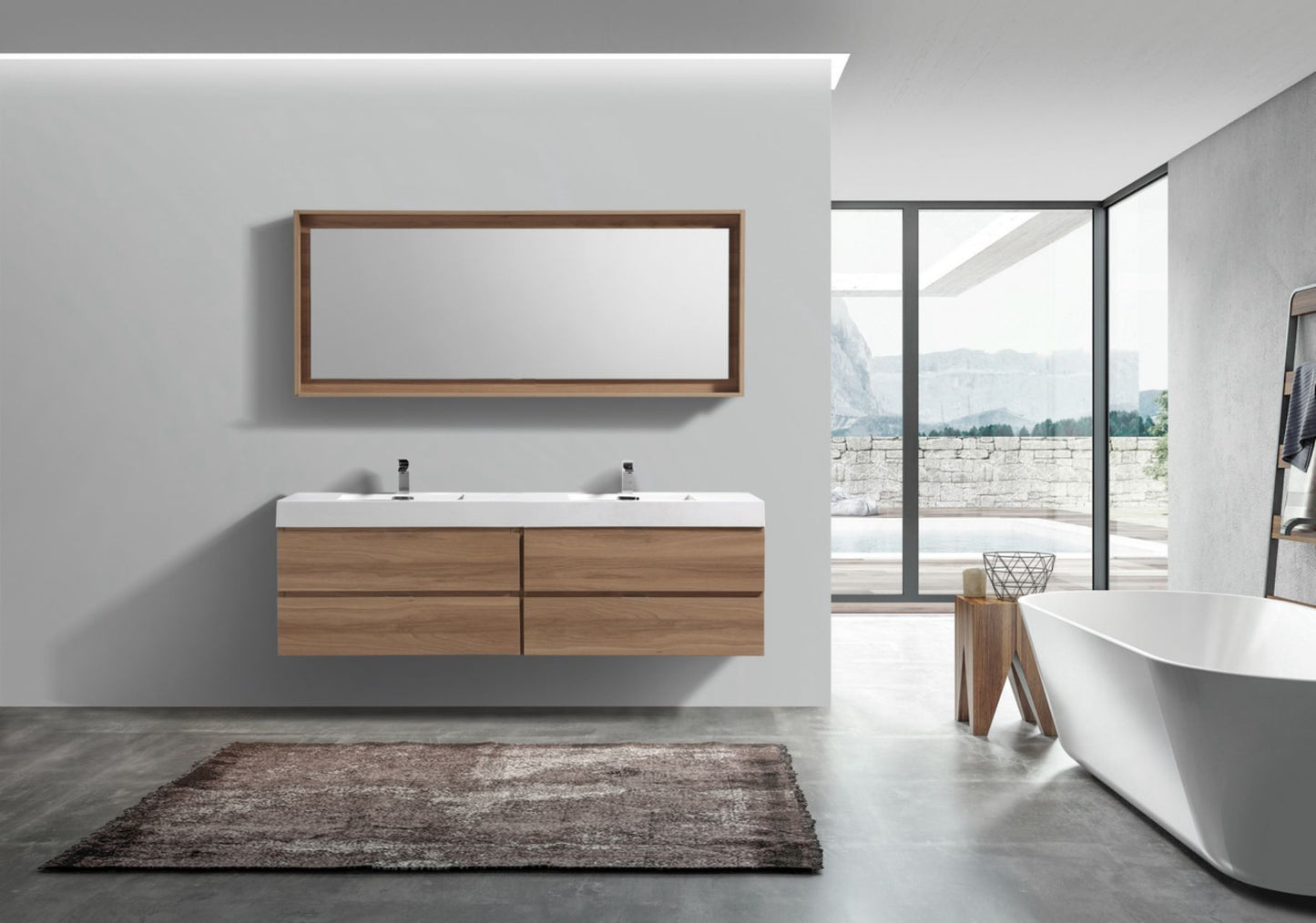 Bliss 72″ Inch Honey Oak Wall Mount Double Sink Modern Bathroom Vanity