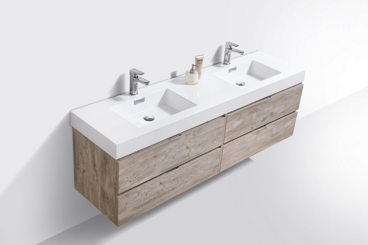 Bliss 80″ Inch Nature Wood Wall Mount Double Sink Modern Bathroom Vanity