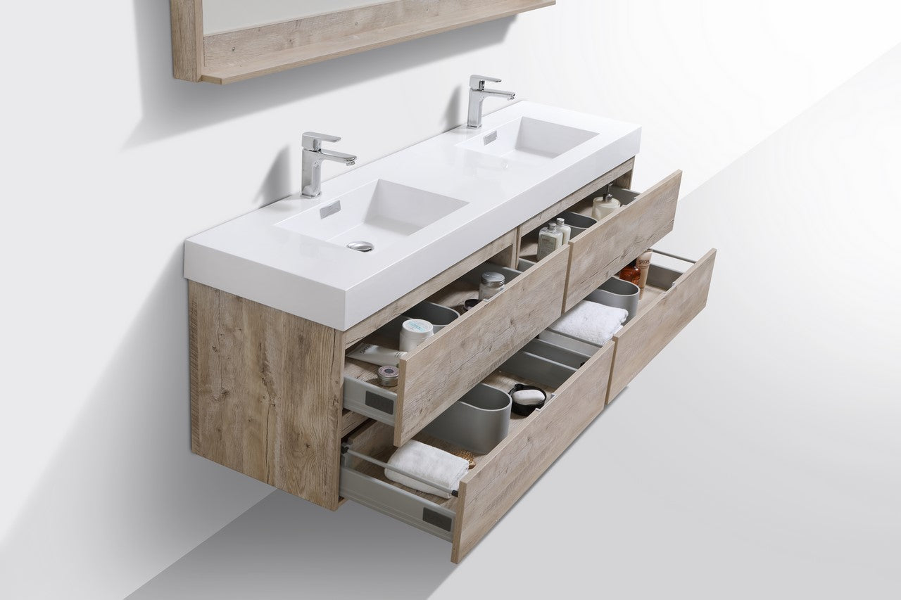 Bliss 80″ Inch Nature Wood Wall Mount Double Sink Modern Bathroom Vanity