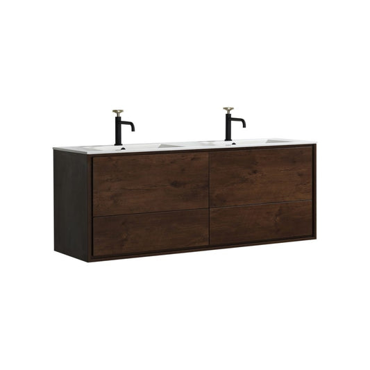 De Lusso 60″ Inch Double Sink Rose Wood Wall Mount Modern Bathroom Vanity