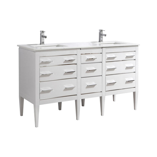 Eiffel 60″ Inch Double Sink High Gloss White Vanity W/ White Counter Top