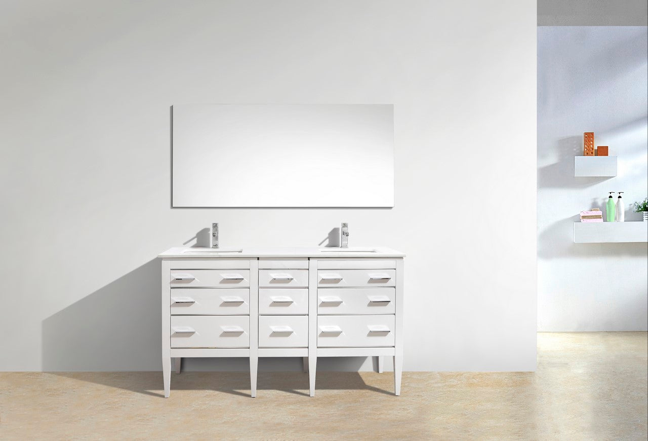 Eiffel 60″ Inch Double Sink High Gloss White Vanity W/ White Counter Top