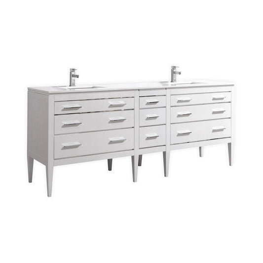 Eiffel 82″ Inch Double Sink High Gloss White Vanity W/ White Counter Top