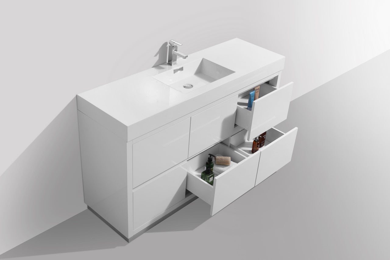 Bliss 60″ Inch Single Sink High Gloss White Free Standing Modern Bathroom Vanity