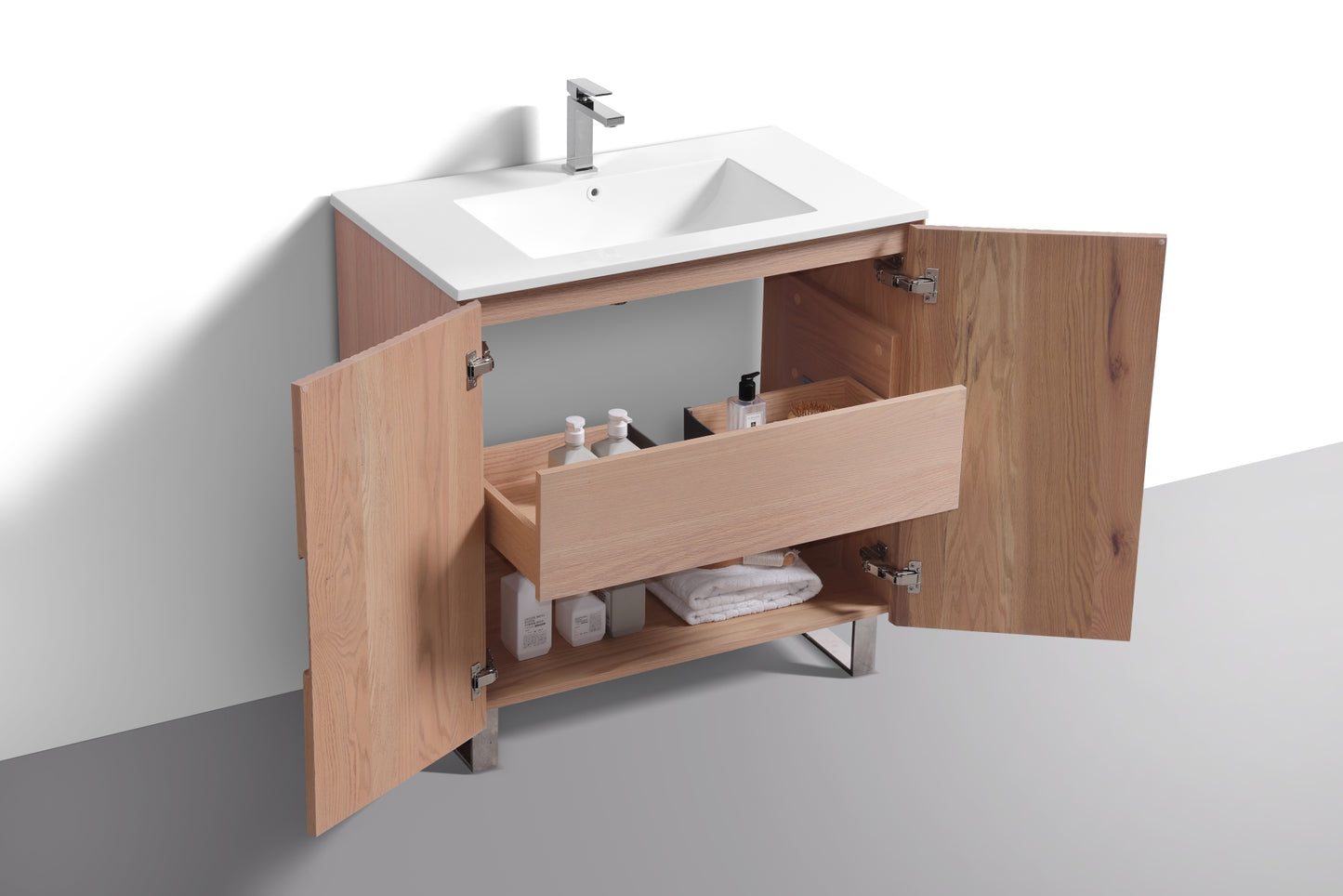 36” Fiore Free Standing Bathroom Vanity w/ Chrome Legs – Oakwood