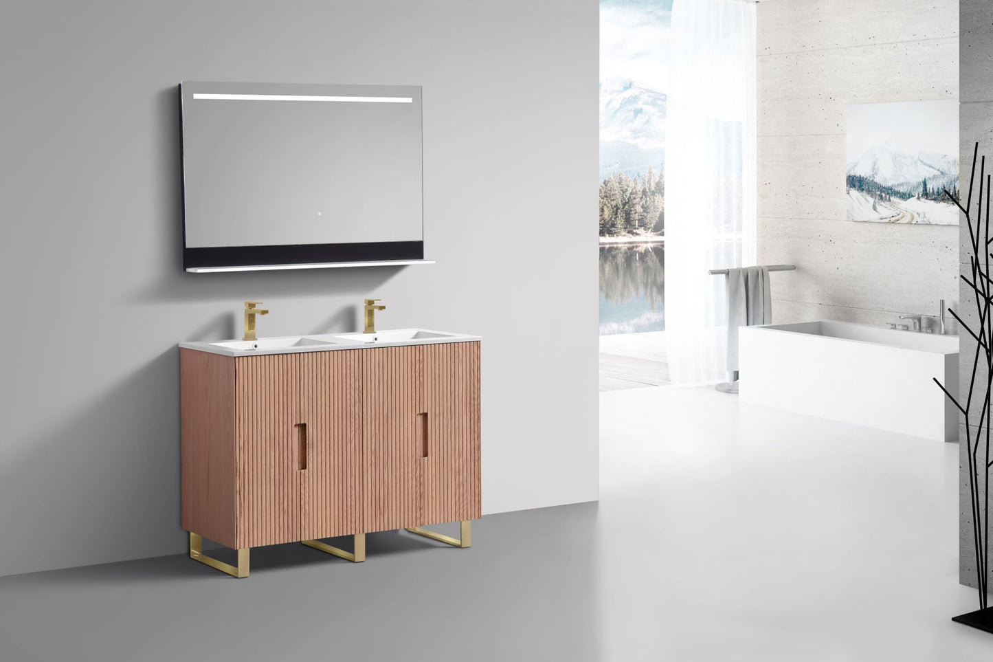 48” Fiore Double Sink Free Standing Bathroom Vanity w/ Gold Legs – Oakwood