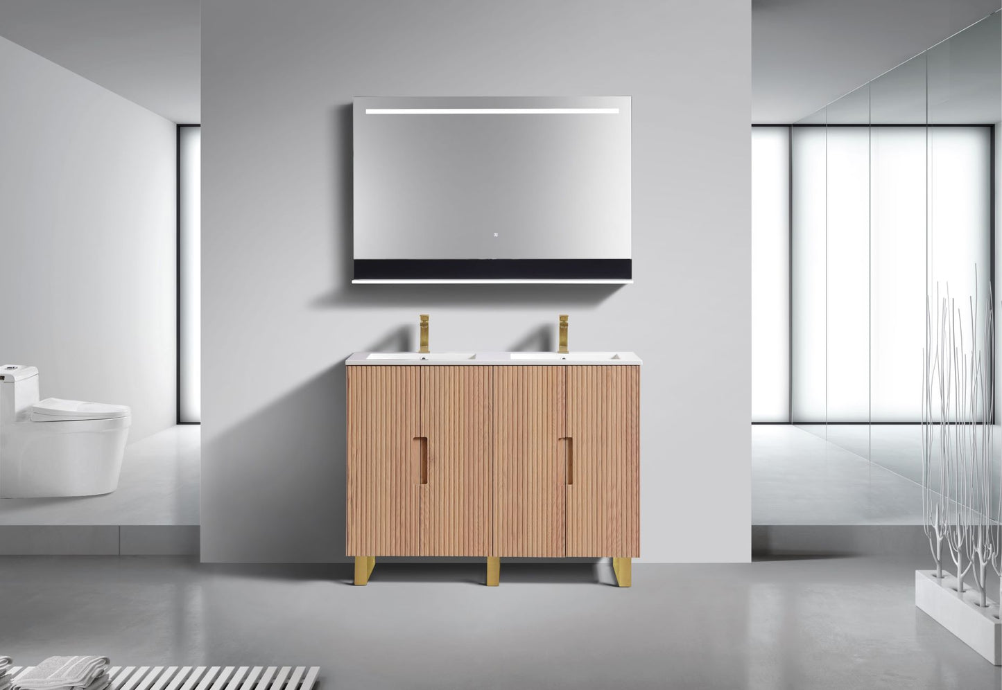 48” Fiore Double Sink Free Standing Bathroom Vanity w/ Gold Legs – Oakwood