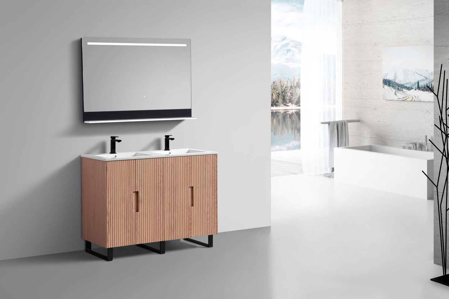 48” Fiore Double Sink Free Standing Bathroom Vanity w/ Matte Black Legs – Oakwood