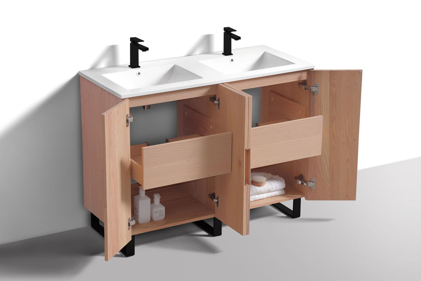 48” Fiore Double Sink Free Standing Bathroom Vanity w/ Matte Black Legs – Oakwood