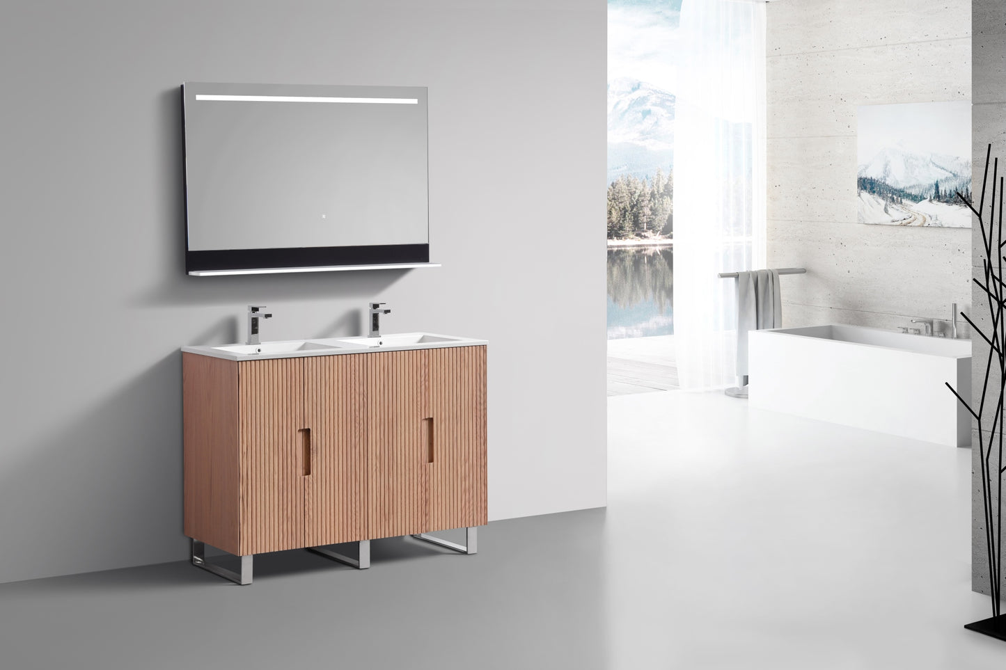 48” Fiore Double Sink Free Standing Bathroom Vanity w/ Chrome Legs – Oakwood