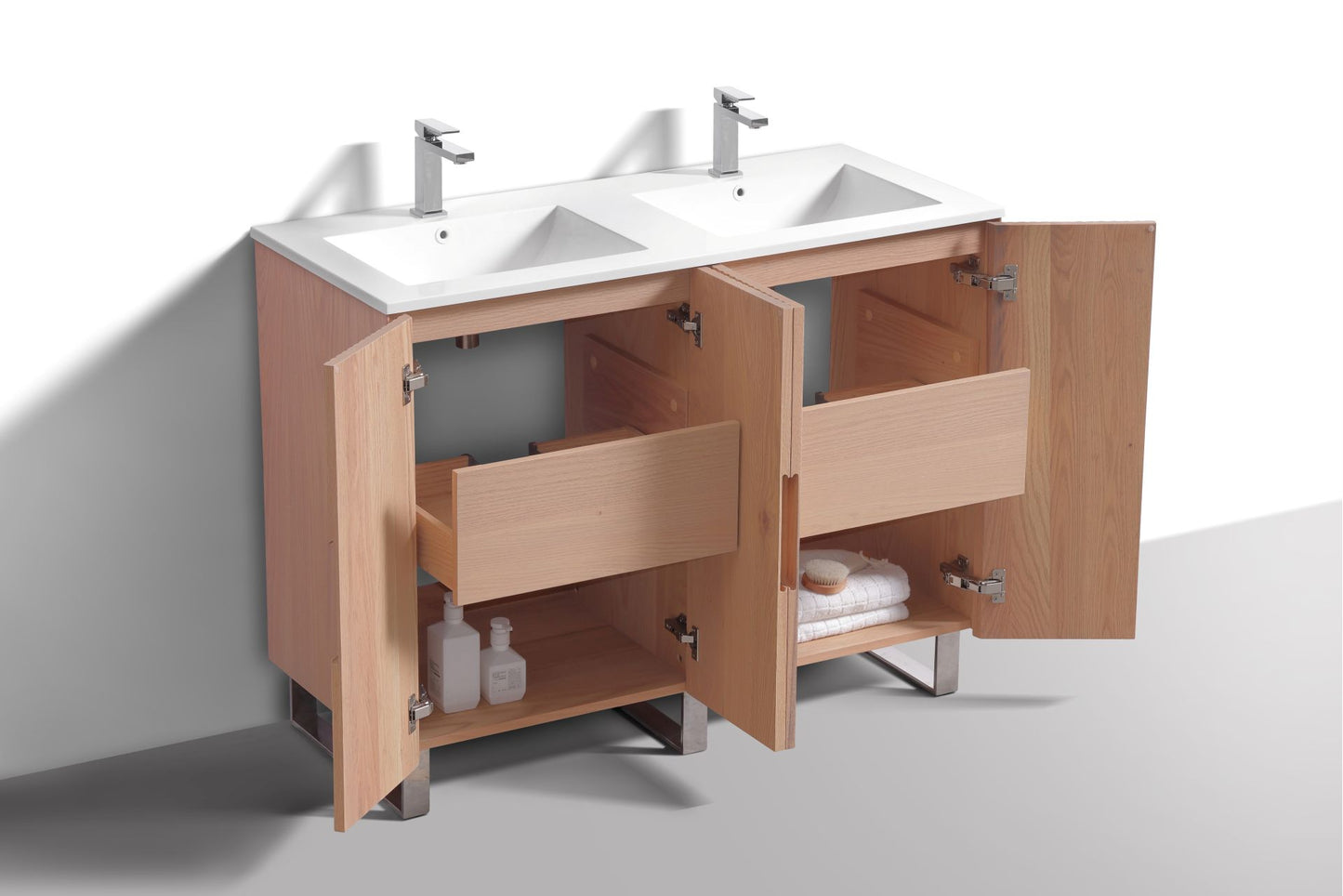 48” Fiore Double Sink Free Standing Bathroom Vanity w/ Chrome Legs – Oakwood