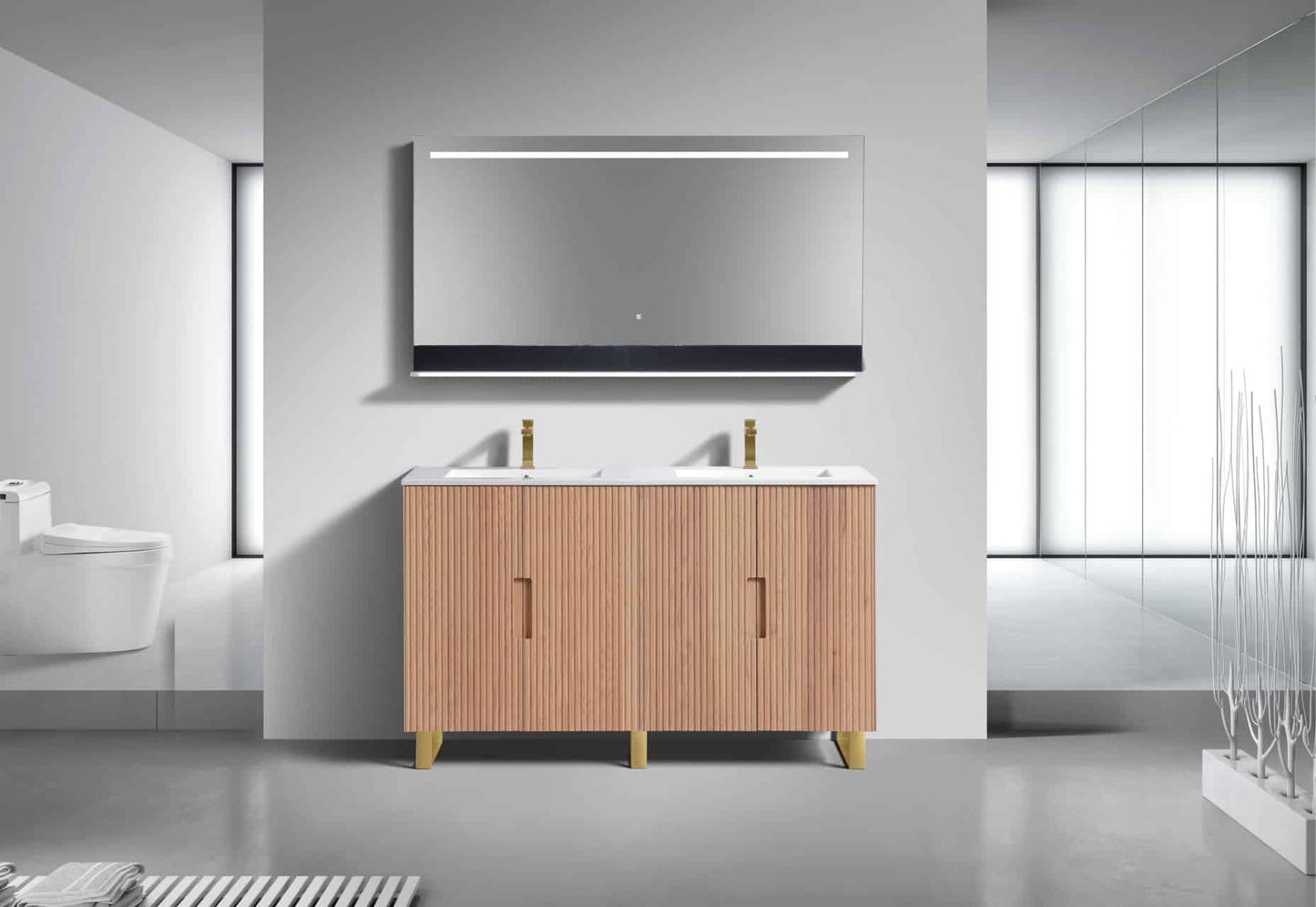 60” Fiore Double Sink Free Standing Bathroom Vanity w/ Gold Legs – Oakwood