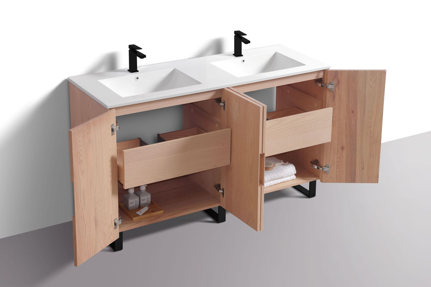 60” Fiore Double Sink Free Standing Bathroom Vanity w/ Matte Black Legs – Oakwood