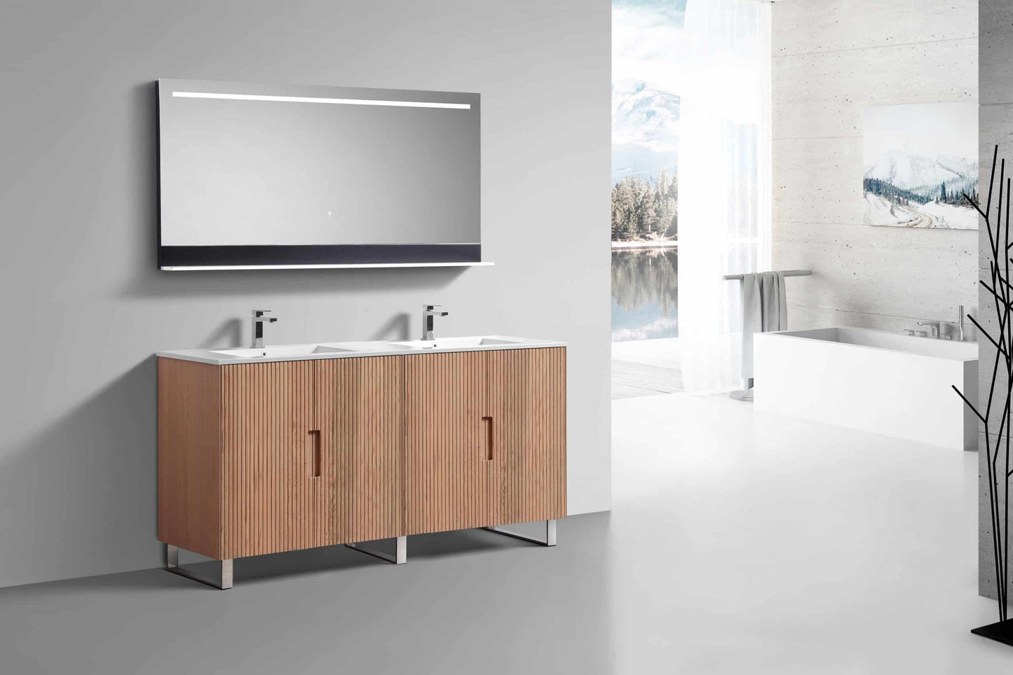 71.2” Fiore Double Sink Free Standing Bathroom Vanity w/ Chrome Legs – Oakwood