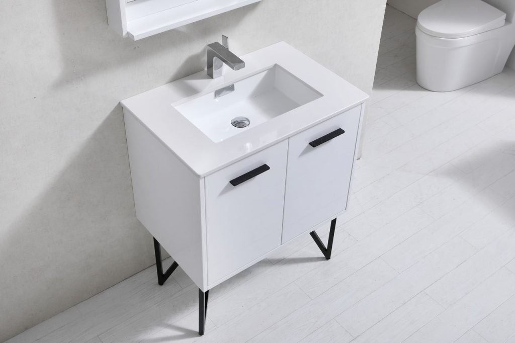 Bosco 30″ Inch High Gloss White Modern Bathroom Vanity W/ White Countertop