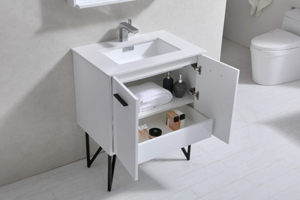 Bosco 30″ Inch High Gloss White Modern Bathroom Vanity W/ White Countertop