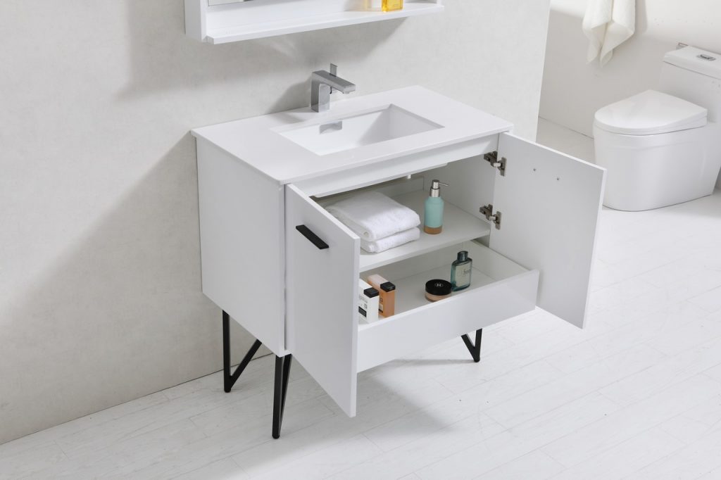 Bosco 36″ Inch Single Sink High Gloss White Modern Bathroom Vanity W/ White Countertop