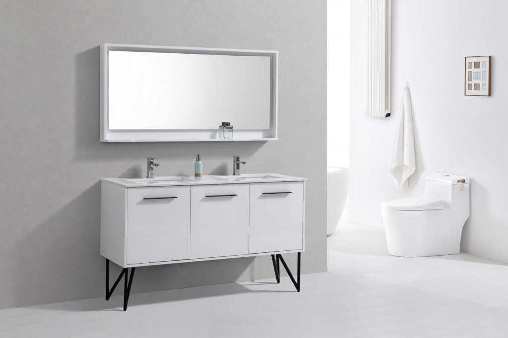 Bosco 60″ Inch Double Sink High Gloss White Modern Bathroom Vanity W/ White Countertop