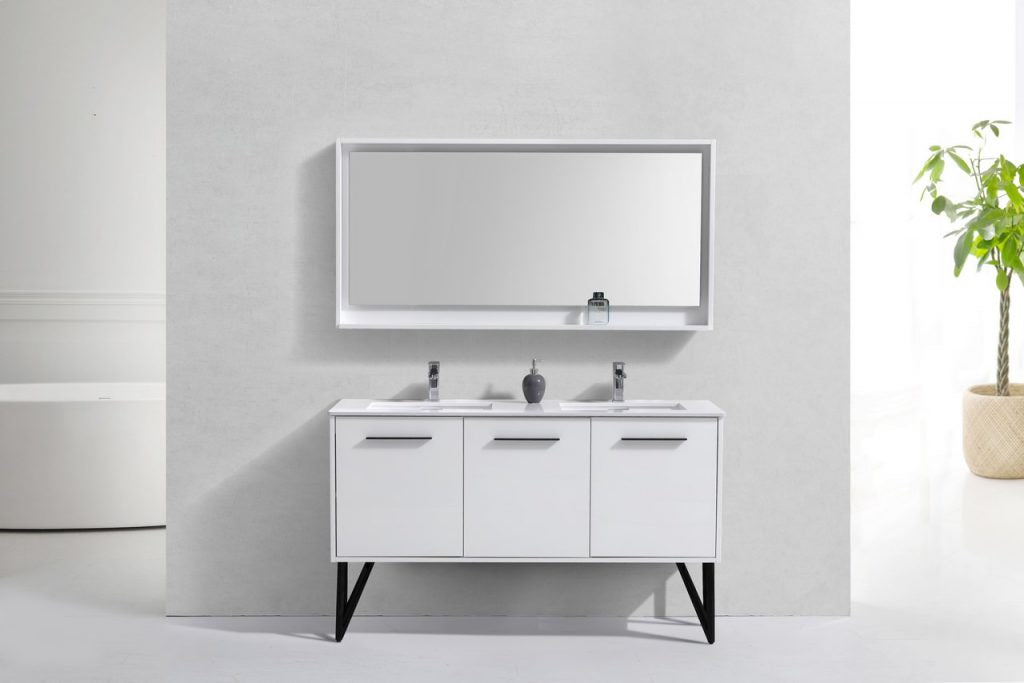 Bosco 60″ Inch Double Sink High Gloss White Modern Bathroom Vanity W/ White Countertop