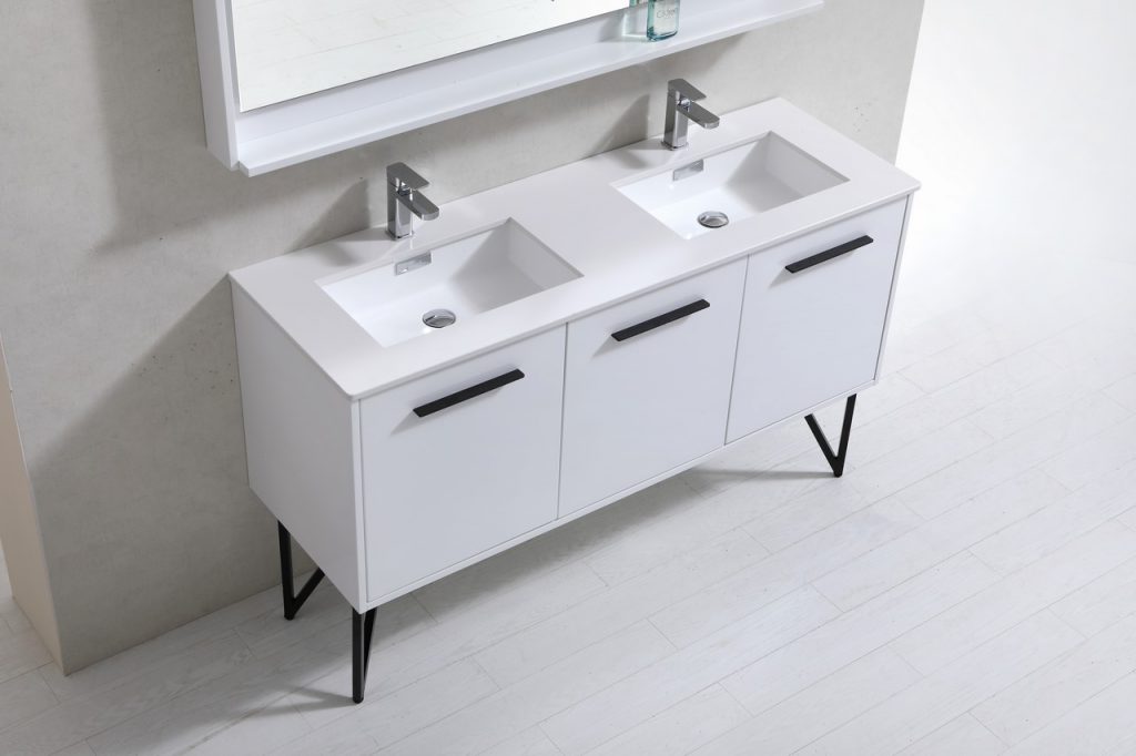 Bosco 60″ Inch Double Sink High Gloss White Modern Bathroom Vanity W/ White Countertop