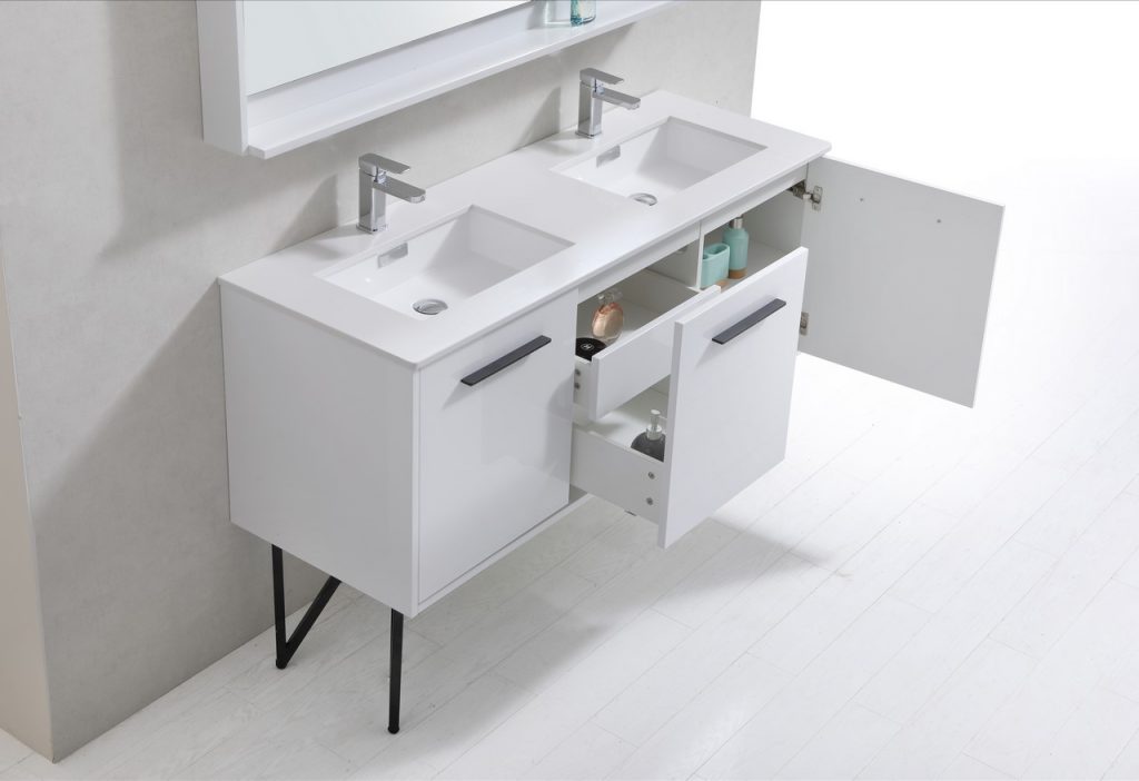 Bosco 60″ Inch Double Sink High Gloss White Modern Bathroom Vanity W/ White Countertop