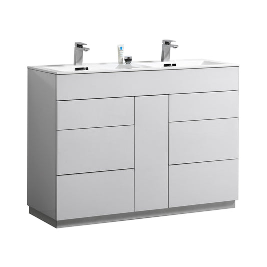 Milano 48″ Inch Double Sink High Gloss White Floor Mount Modern Bathroom Vanity