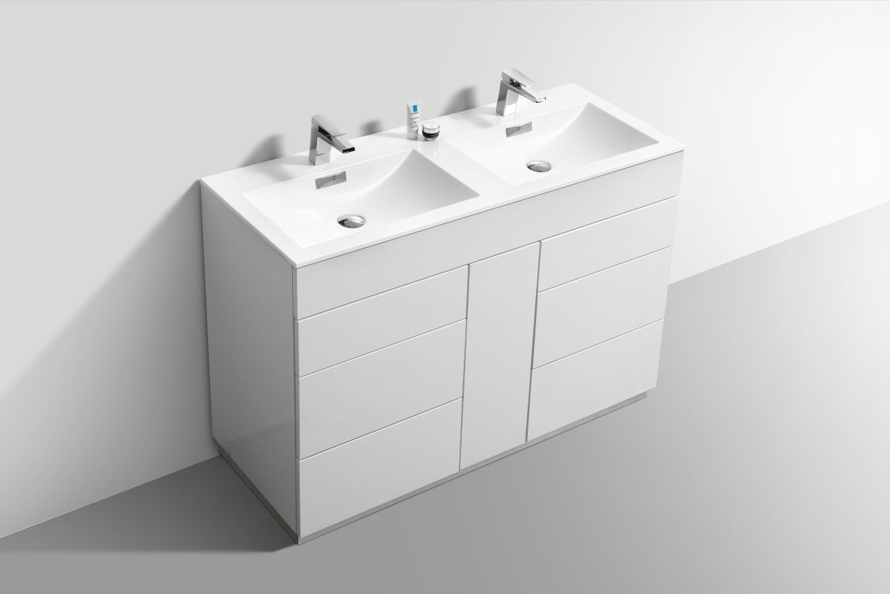Milano 48″ Inch Double Sink High Gloss White Floor Mount Modern Bathroom Vanity