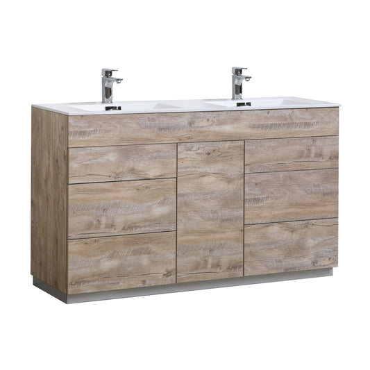 Milano 60″ Inch Double Sink Nature Wood Floor Mount Modern Bathroom Vanity
