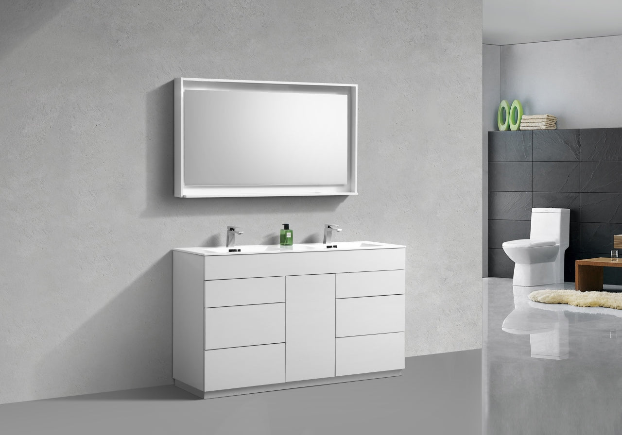 Milano 60″ Inch Double Sink High Gloss White Floor Mount Modern Bathroom Vanity