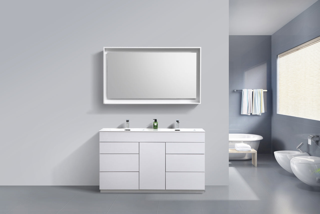 Milano 60″ Inch Double Sink High Gloss White Floor Mount Modern Bathroom Vanity