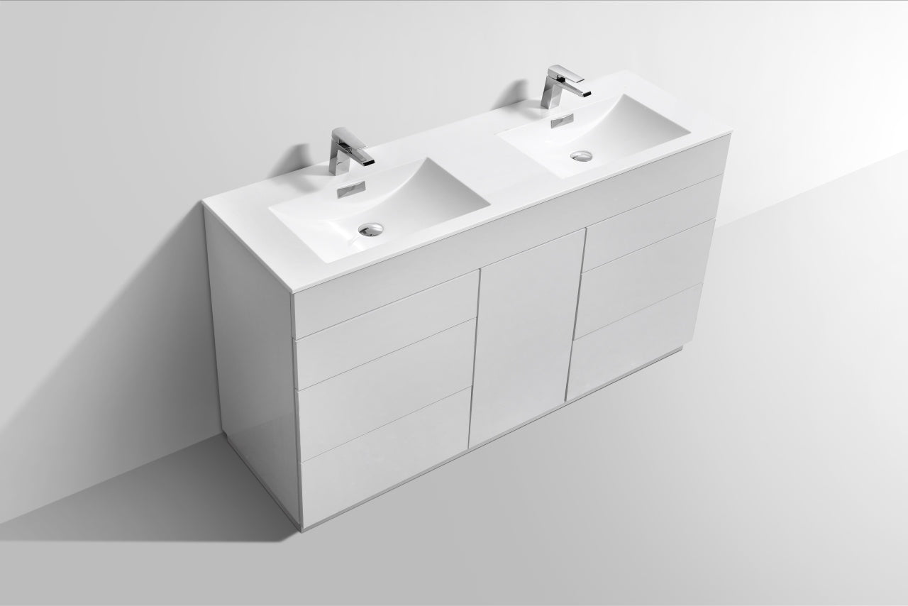 Milano 60″ Inch Double Sink High Gloss White Floor Mount Modern Bathroom Vanity
