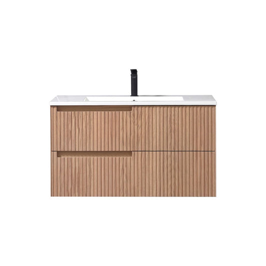 36” Fiore Modern Wall Mount Bathroom Vanity – Oakwood – Left Handle