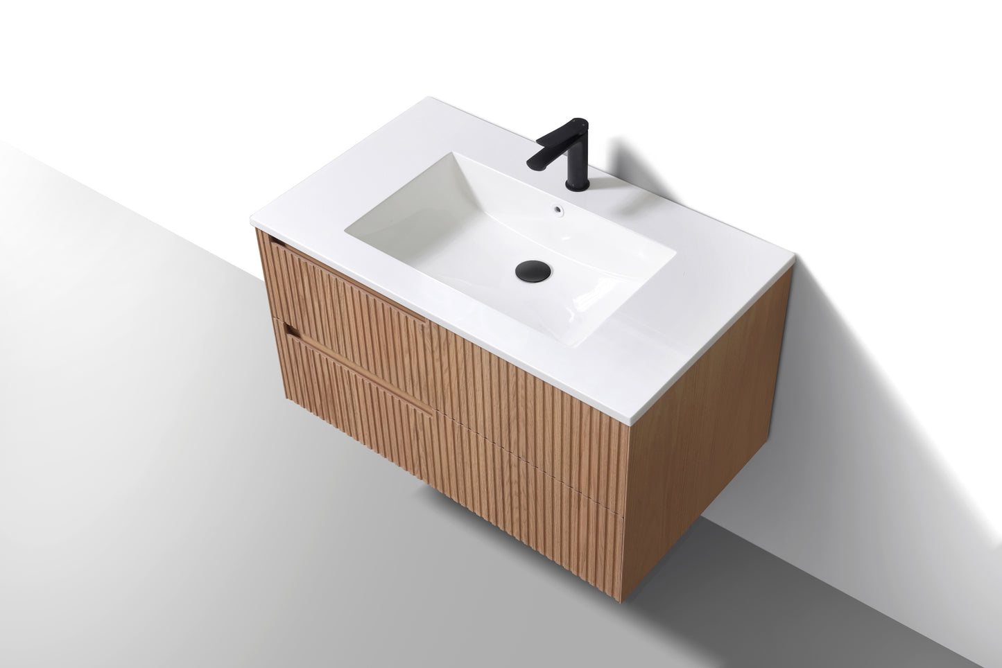 36” Fiore Modern Wall Mount Bathroom Vanity – Oakwood – Left Handle