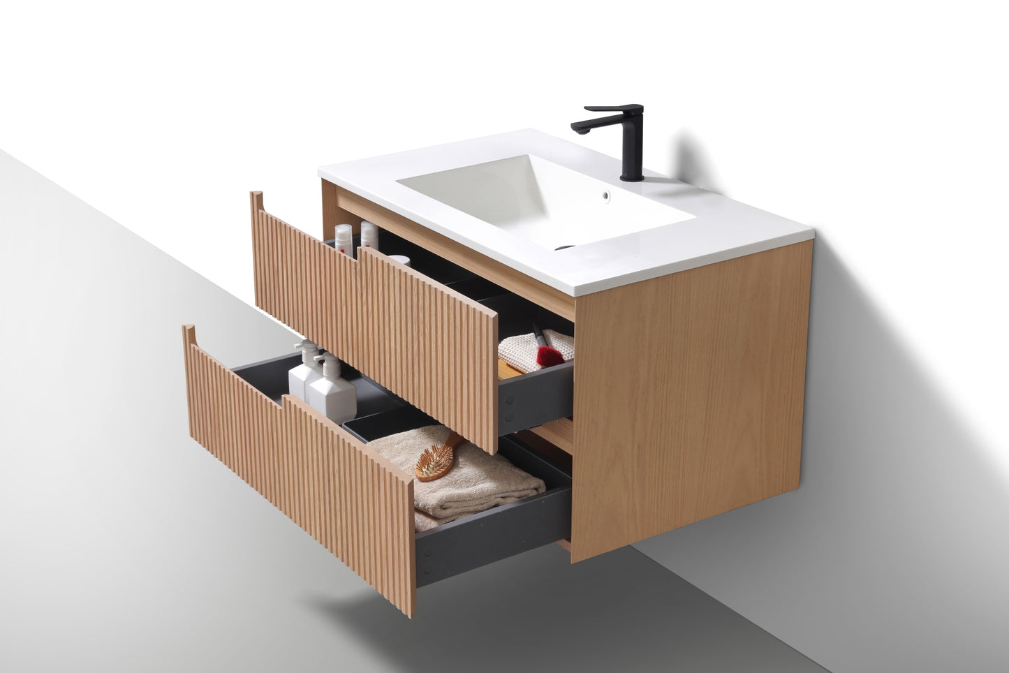 36” Fiore Modern Wall Mount Bathroom Vanity – Oakwood – Left Handle