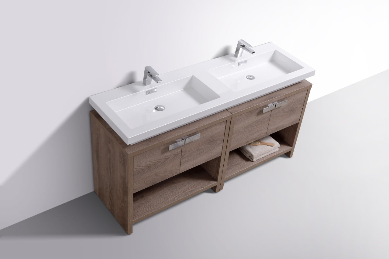 Levi 63″ Inch Butternut Double Sink Modern Bathroom Vanity W/ Cubby Hole