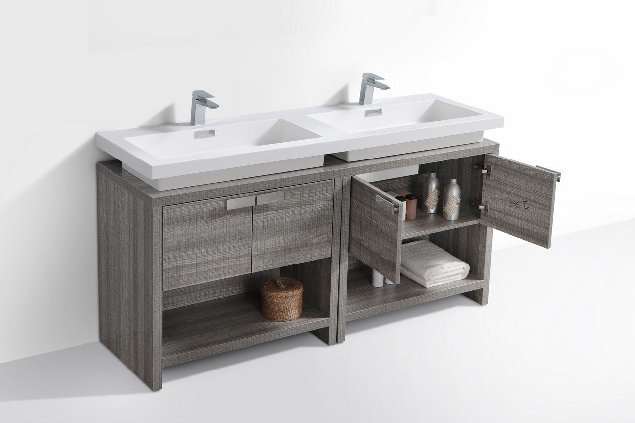 Levi 63″ Inch Ash Gray Double Sink Modern Bathroom Vanity W/ Cubby Hole