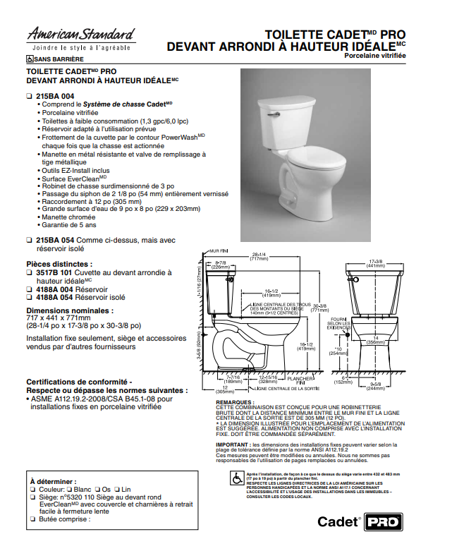 American Standard  CADET PRO Elongated 6.0 LPF Two Piece Toilet Right Height White With Aquaguard Liner Less Seat ADA
