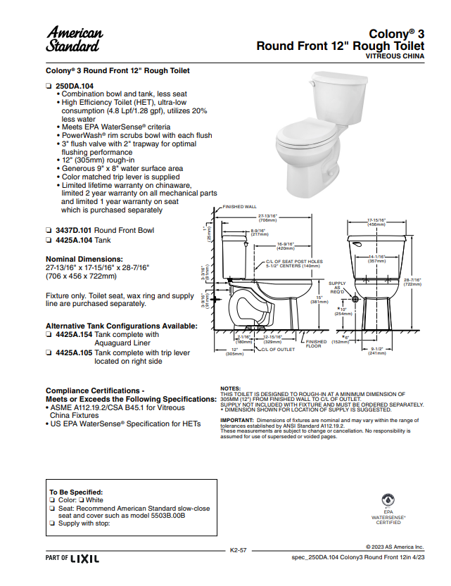 American Standard COLONY 3 Round Front 4.8 LPF Lined Two Piece Toilet White Less Seat