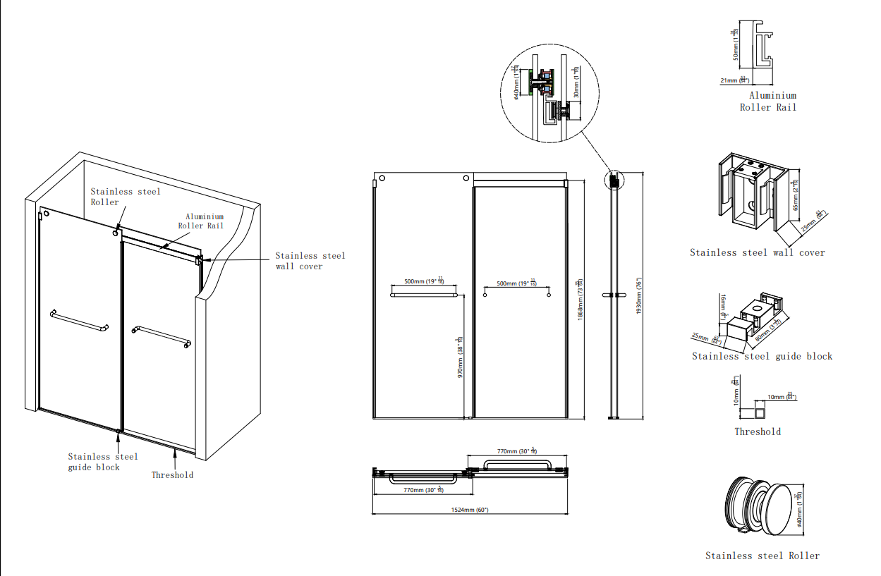 F&D Double Sliding Shower Glass Door - Chrome