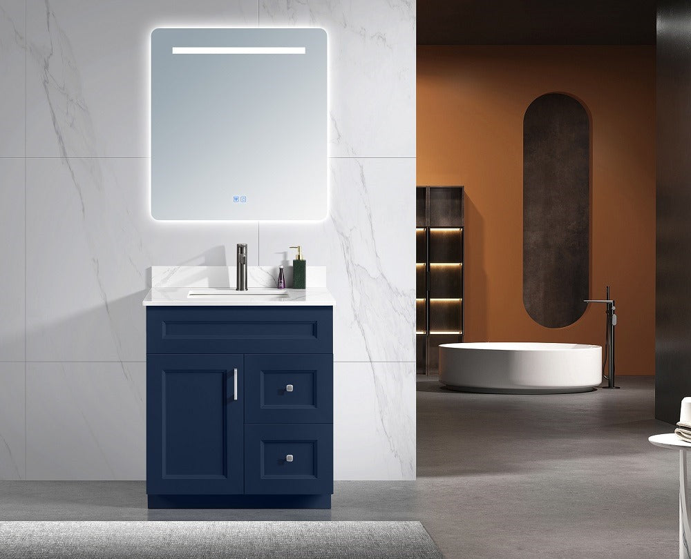30″ Solid Wood Blue Shaker Style Vanity With Quartz Top