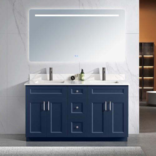 72" Inch Solid Wood Blue Shaker Style Vanity With Quartz Top