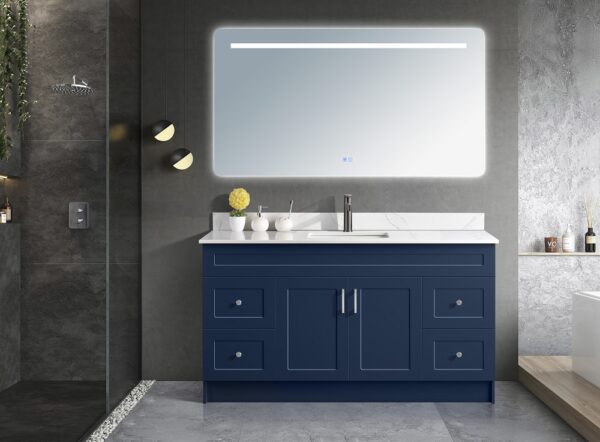 60" Inch Single Sink Solid Wood Blue Shaker Style Vanity With Quartz Top