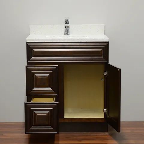 30″ Solid Wood Dark Walnut Classic Style Vanity Dc30 With Quartz Top