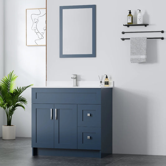 42″ Solid Wood Blue Shaker Style Vanity With Quartz Top