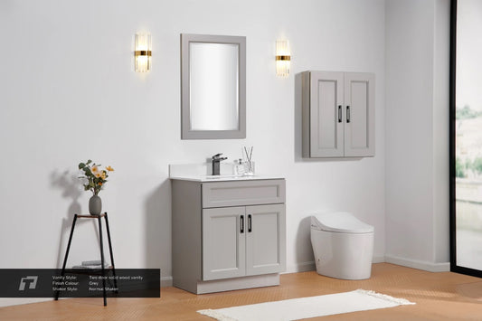 24″ Solid Wood Light Grey Shaker Style Vanity Gs24 With Quartz Top