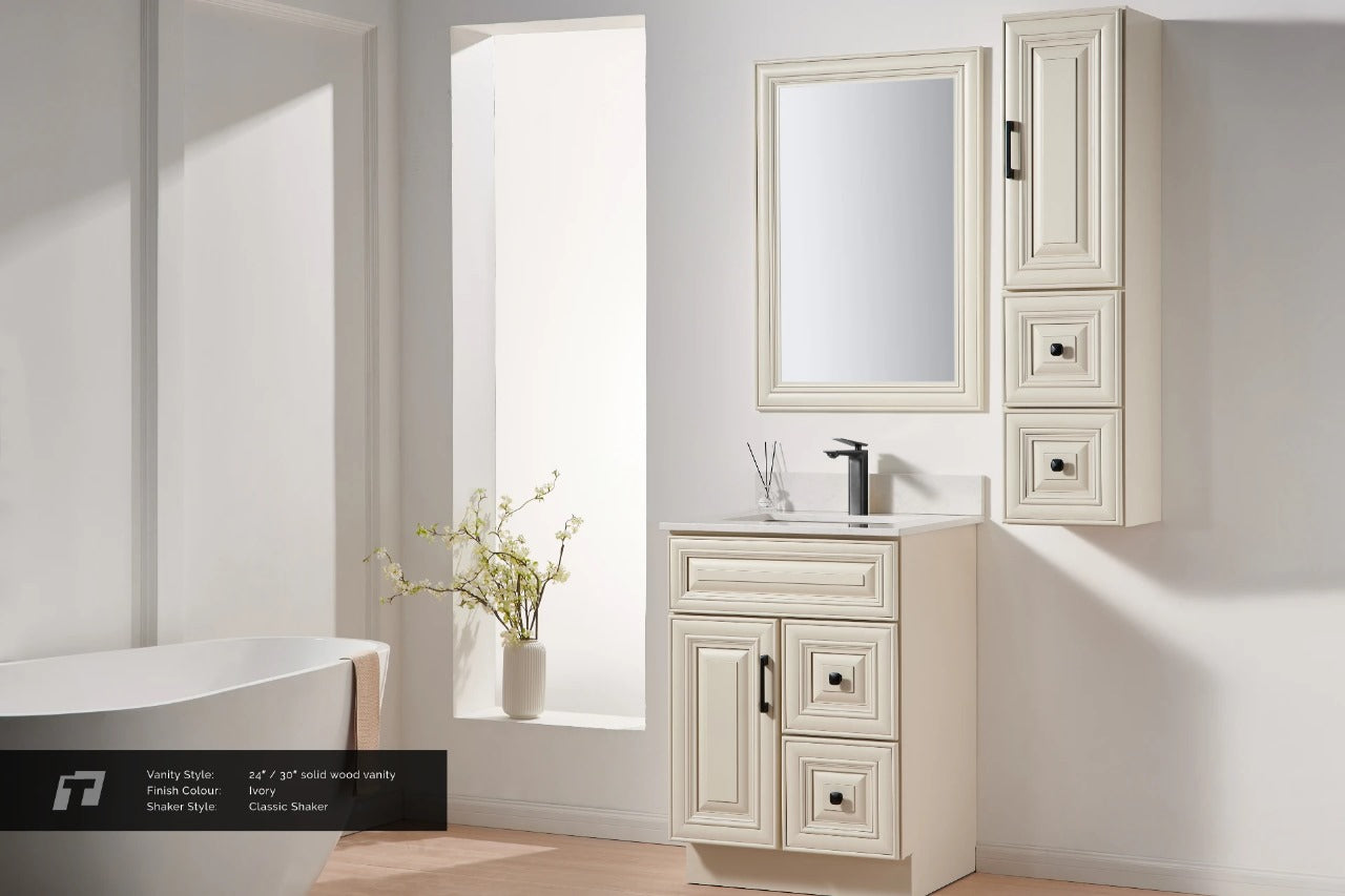 30″ Solid Wood Ivory White Classic Style Vanity Ic30 With Quartz Top
