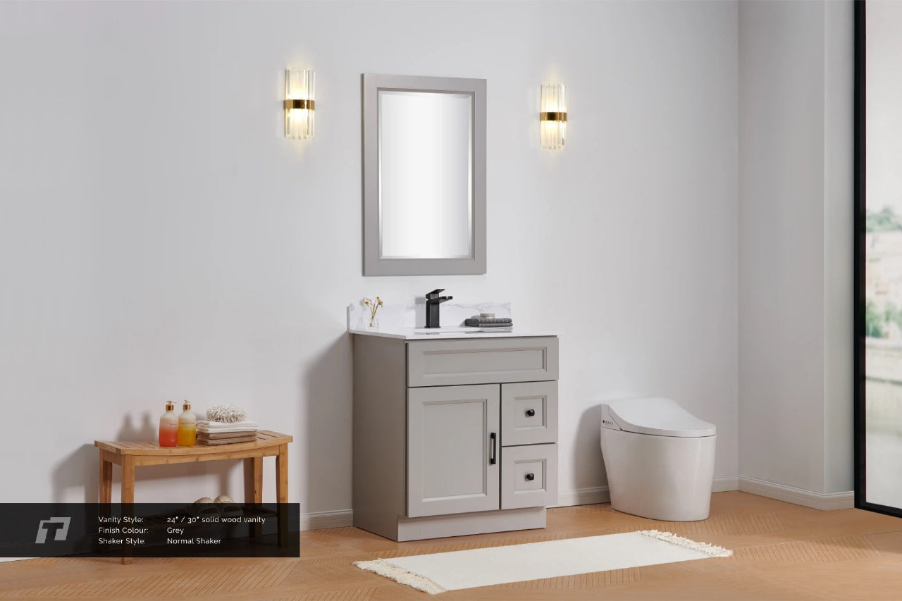 30″ Solid Wood Light Grey Shaker Style Vanity Gs30 With Quartz Top