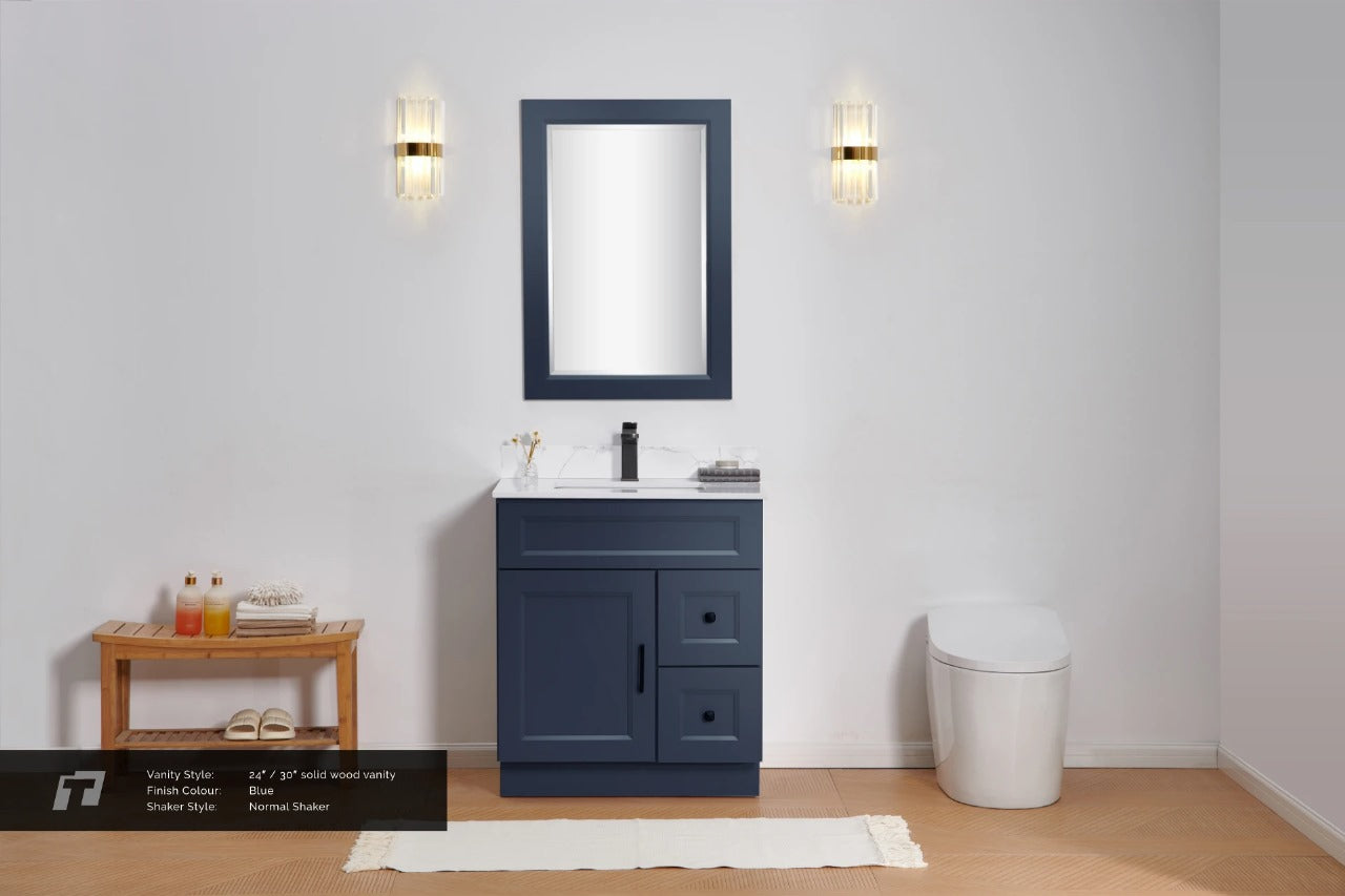 30″ Solid Wood Blue Shaker Style Vanity With Quartz Top
